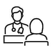 Icon of patient in front of a doctor, symbolising customer benefits of flexible medical financing, manageable terms, and cost-effective material handling solutions.