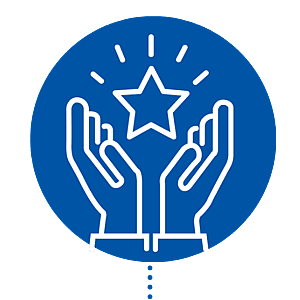 Icon depicting hands with a star and rays, highlighting the benefits of grenke's printer leasing: cost-effective financing, flexibility, sustainability, and cloud-based print storage for hybrid offices.