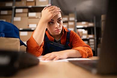 Warehouse worker on laptop while sitting at her working place. Tired woman working too long at computer.